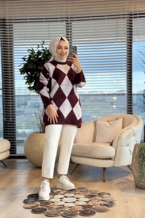 T8698 Baklava Desenli Triko Tunik Bordo