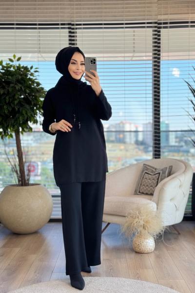 W-5929 Tek Cepli Şifon Garnili Kapşonlu Takım Siyah