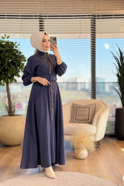 W5713 Tam Fermuarlı Tencel Elbise Lacivert