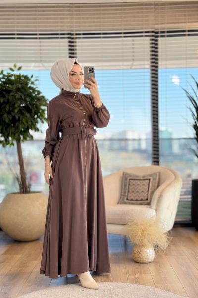 W5713 Tam Fermuarlı Tencel Elbise Kahve