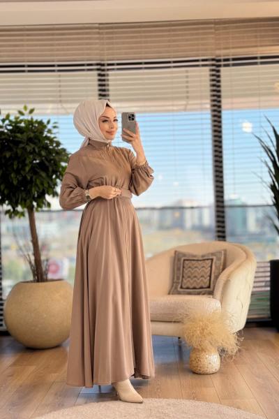 W5713 Tam Fermuarlı Tencel Elbise Vizon