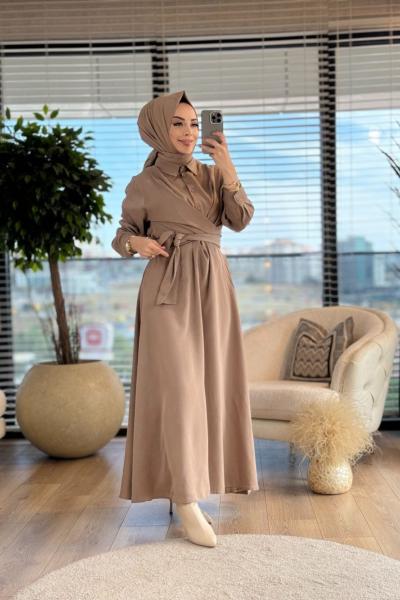 W5714 Bağlamalı Tencel Elbise Vizon