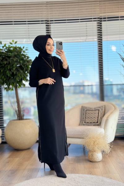W5718 Yanları Fermuarlı From Elbise Siyah