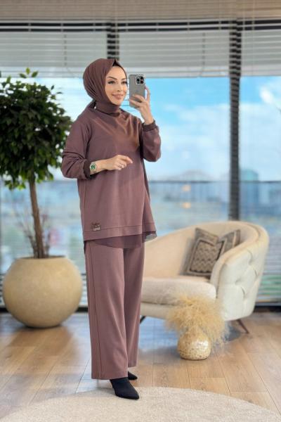 W5909 Yakası Triko Şifon Detaylı Takım Kahve