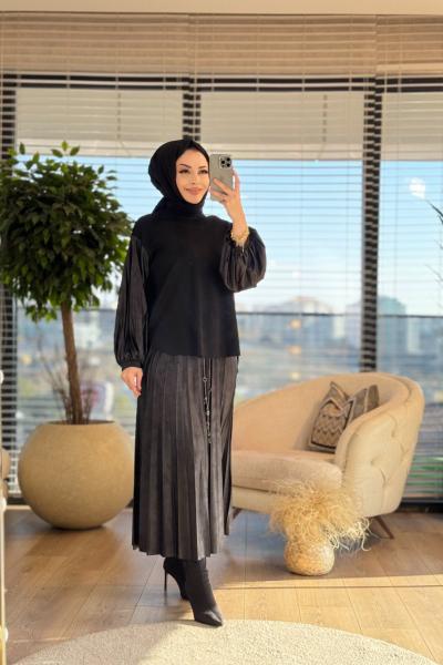 W5922 Kol Eteği Piliseli Kırak Deri Takım Siyah