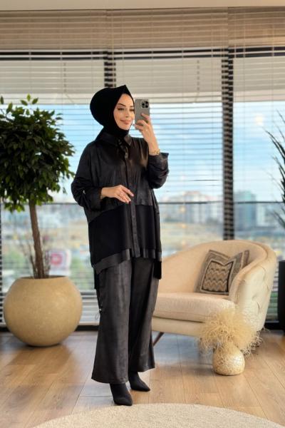 W5923 Üst Deri Alt Şifon Detaylı Takım Siyah