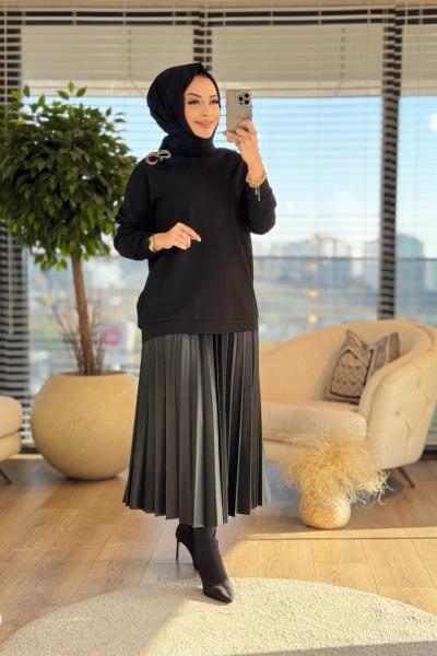 W5924 Zara Deri Pilise Etekli Takım Siyah