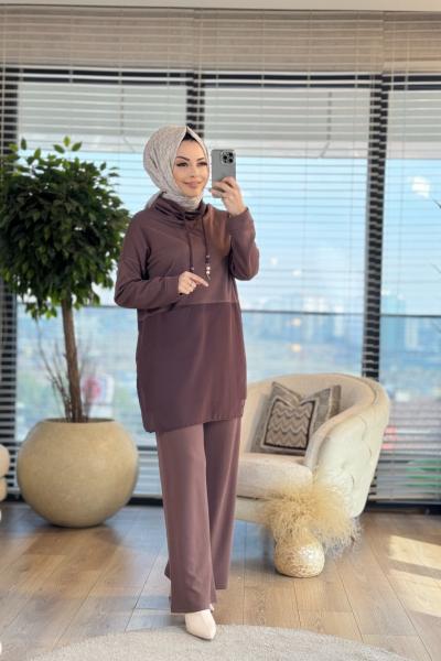 W5929 Tek Cepli Şifon Garnili Kapşonlu Takım Kahve