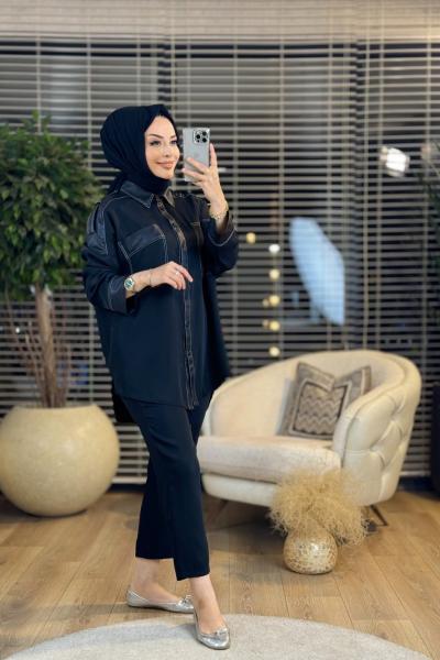 W5930 Dikişli Apoletli Lamarca Takım Siyah