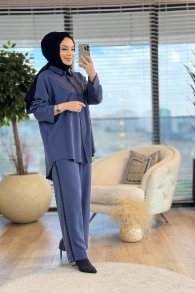 W5934 Çoban Dikişli Tencel Takım Lacivert