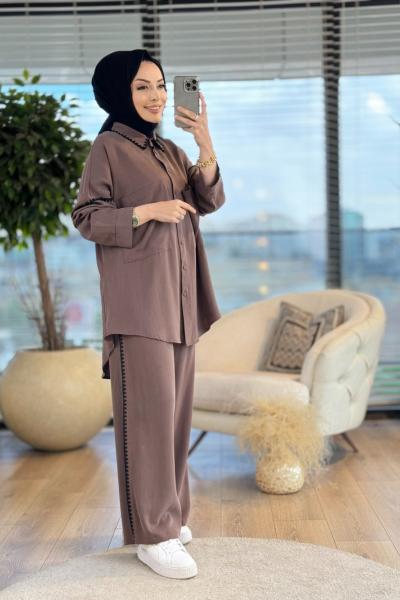 W5934 Çoban Dikişli Tencel Takım Kahve