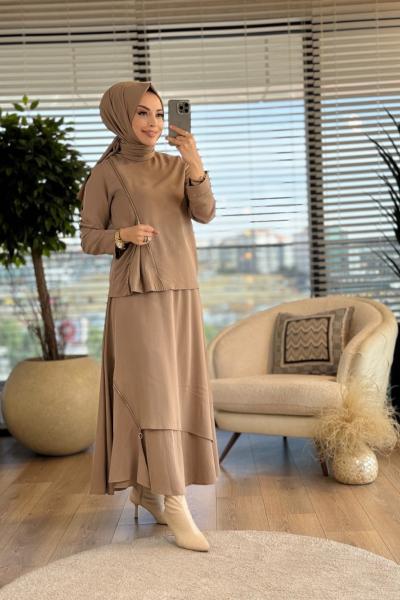 W5944 Bluzu Ve Eteği Fermuarlı Takım Vizon