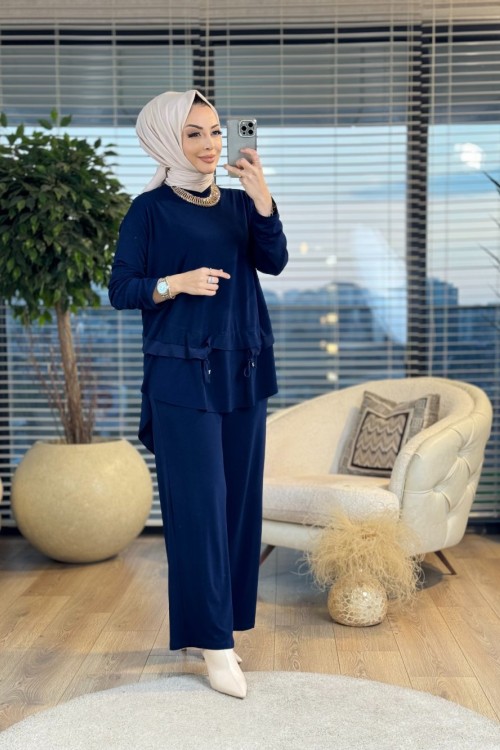 W5960 Önden Bağlamalı Şifon Garnili Takım Lacivert