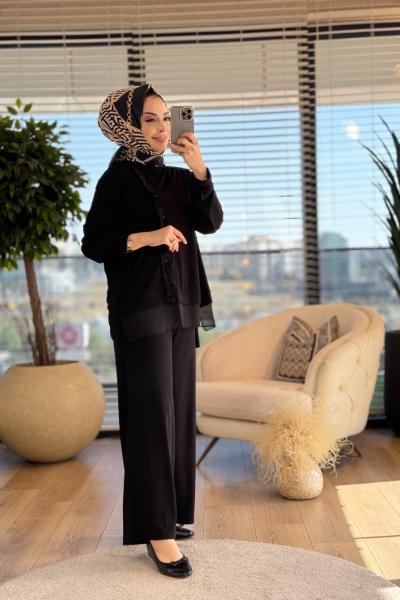 W5962 Omuzdan Etek Ucuna Şerit Detaylı Takım Siyah