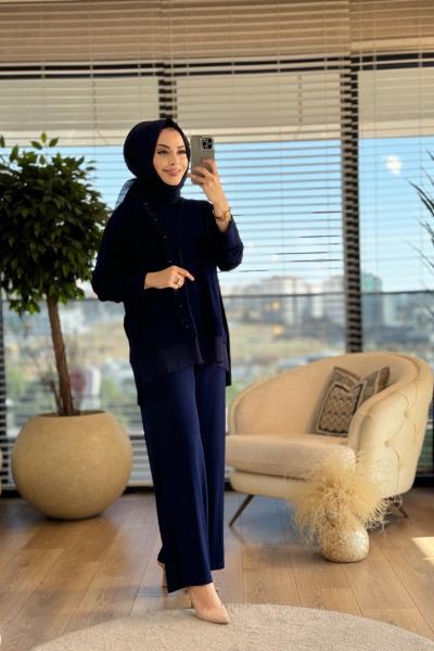 W5962 Omuzdan Etek Ucuna Şerit Detaylı Takım Lacivert