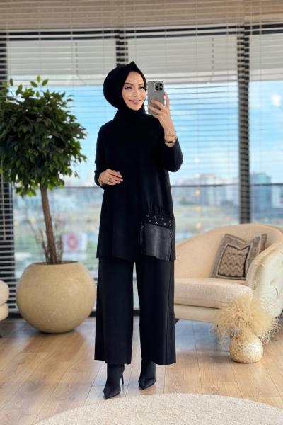 W5973 Tek Tarafı Kuşgözü Detaylı Takım Siyah