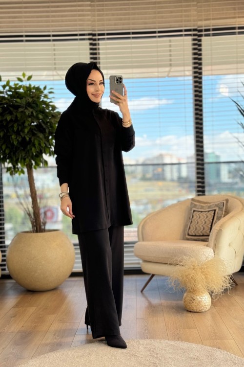 W5981 Önden Düğmeli Tencel Pantolon Takım Siyah