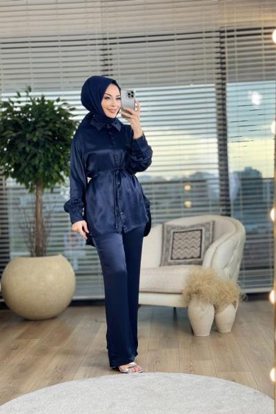 Y-2234 Saten Önü Düğmeli Takım Lacivert