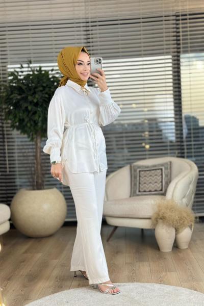 Y-2234 Saten Önü Düğmeli Takım Ekru