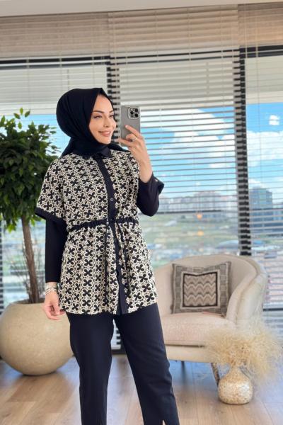 Z715 Önü Dantel İşli Takım Siyah Ekru