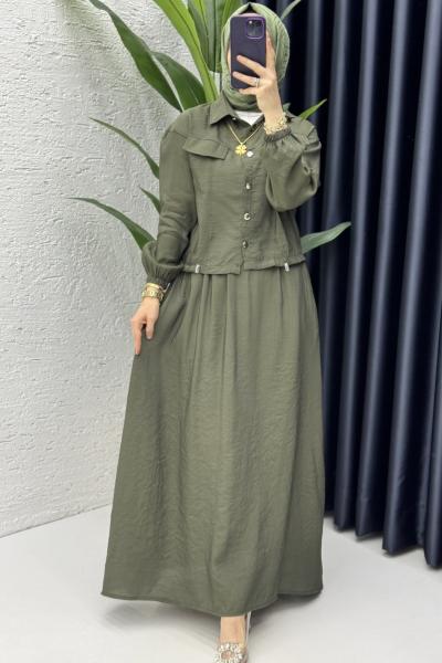 Başak Etekli Takım Tesettür Giyim Haki