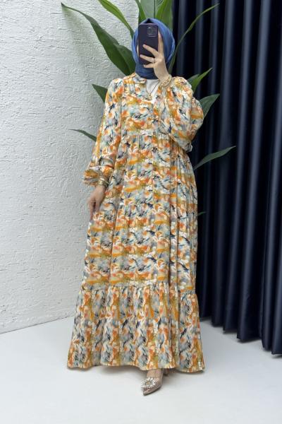 Çiçek Elbise Tesettür Giyim Oranj