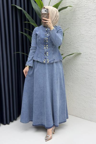 Duru Etekli Takım Tesettür Giyim  Mavi