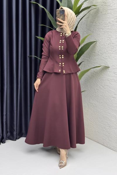 Eflal Etekli Takım Tesettür Giyim Bordo