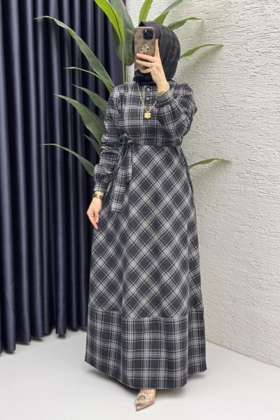 Ekose Elbise Tesettür Giyim  Siyah