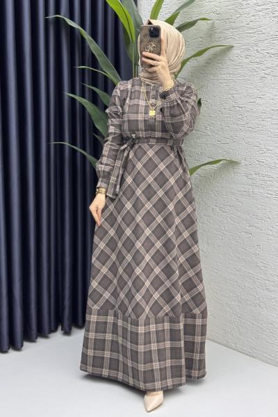 Ekose Elbise Tesettür Giyim  Kahve