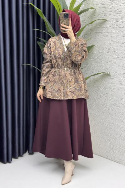 Etnik Etekli Takım Tesettür Giyim  Mürdüm