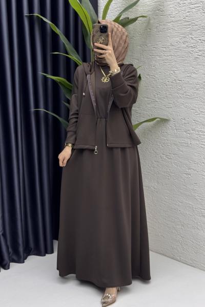 Hatem Elbise Tesettür Takım Kahverengi