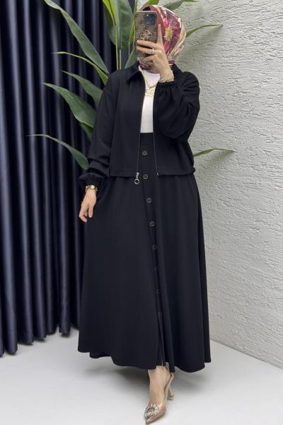 İlve Etekli Takım Tesettür Giyim Siyah