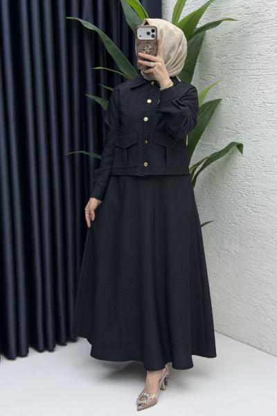 Laya Etekli Takım Tesettür Giyim Siyah