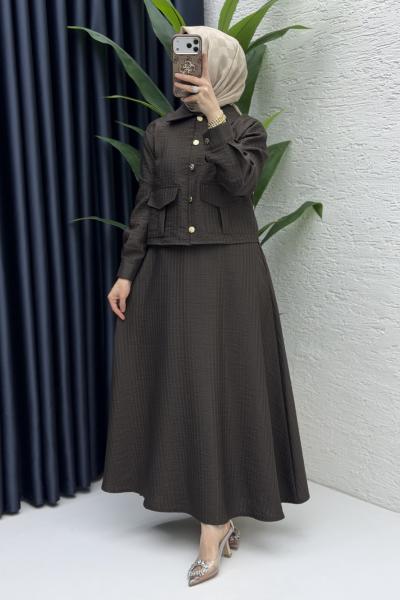 Laya Etekli Takım Tesettür Giyim Acı Kahve