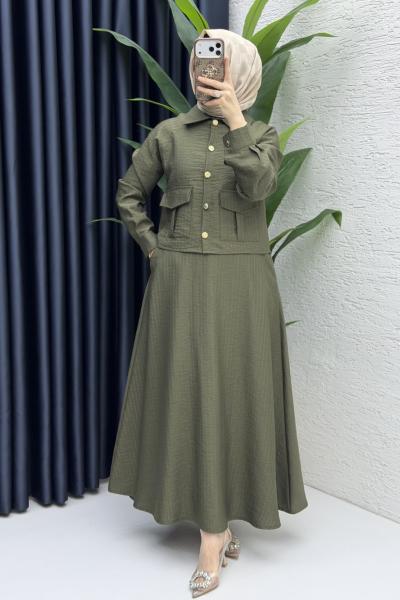 Laya Etekli Takım Tesettür Giyim Haki