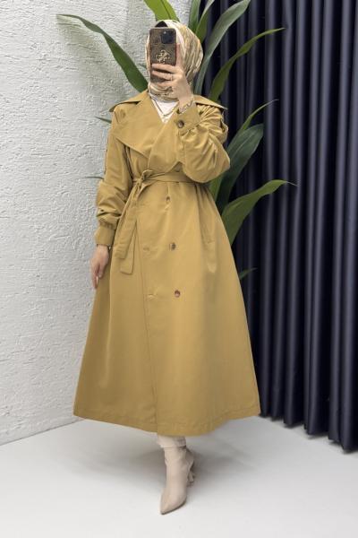 Rabia Trench Tesettür Giyim Koyu Camel