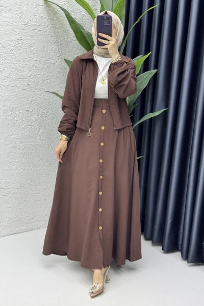 Seren Etekli Takım Tesettür Giyim Kahverengi