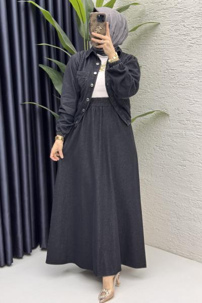 Yasemen Kot Etekli Takım Tesettür Giyim Siyah