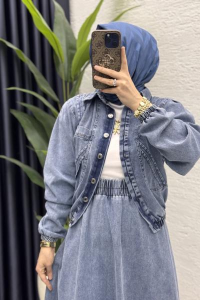 Yasemen Kot Etekli Takım Tesettür Giyim Açık Mavi