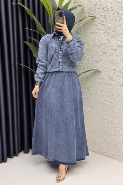 Yasemen Kot Etekli Takım Tesettür Giyim Koyu Mavi