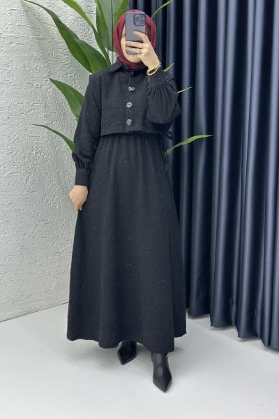 Yelekli Pırıl Elbise  Siyah