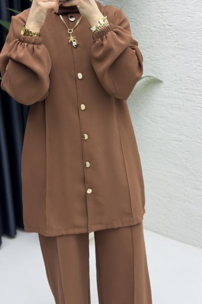 Zennup Pantalonlu Takım Tesettür Giyim Kahve