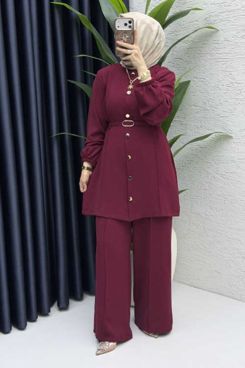 Zennup Pantalonlu Takım Tesettür Giyim  Bordo