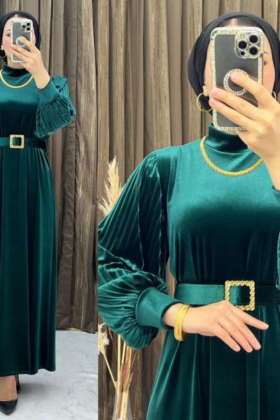 3269 Seha Kadife Elbise Zümrüt