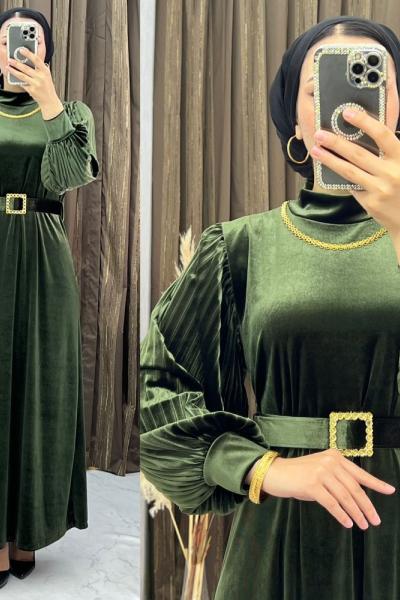 3269 Seha Kadife Elbise Haki