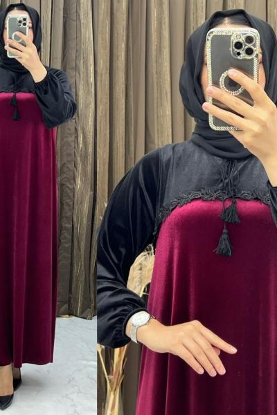 3273 Füsun Kadife  Elbise Bordo