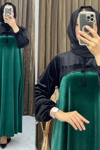 3273 Füsun Kadife  Elbise Zümrüt
