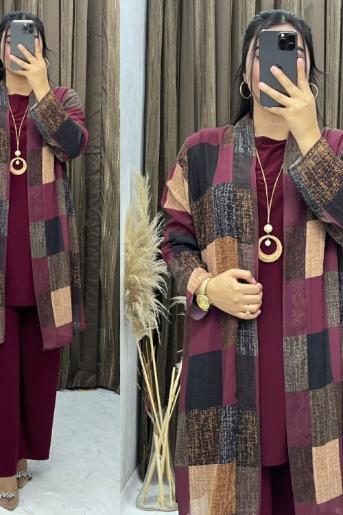 3297 Halime 3 Lü Takım Bordo