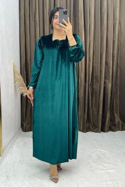 3298 Çilek Kadife  Elbise Zümrüt